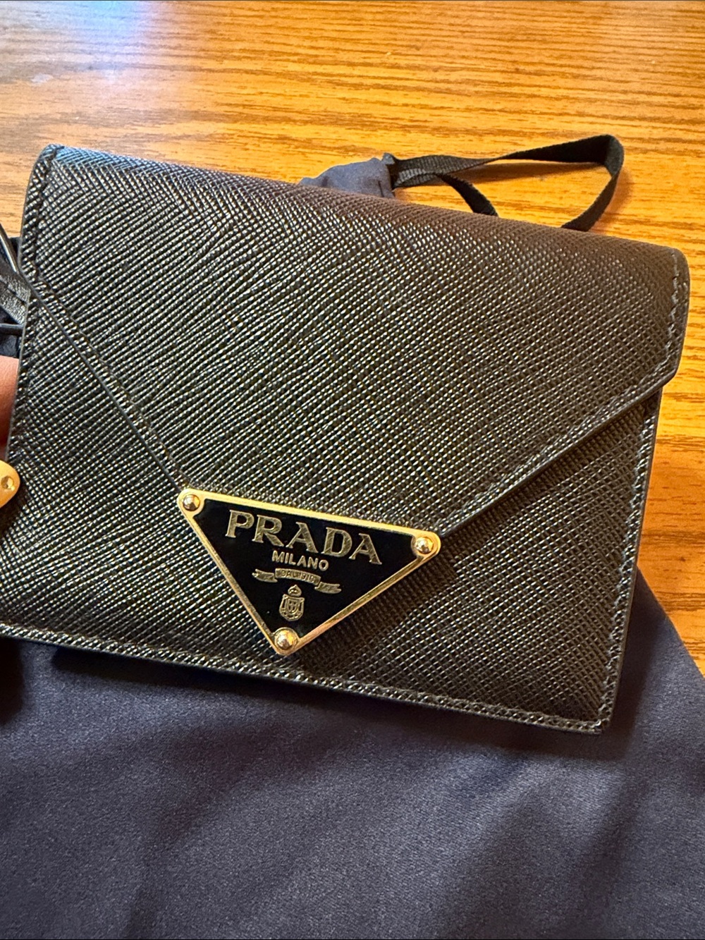 Prada Black Leather Crossbody Wallet with Gold Logo card holder on chain so cute - Picture 7 of 11